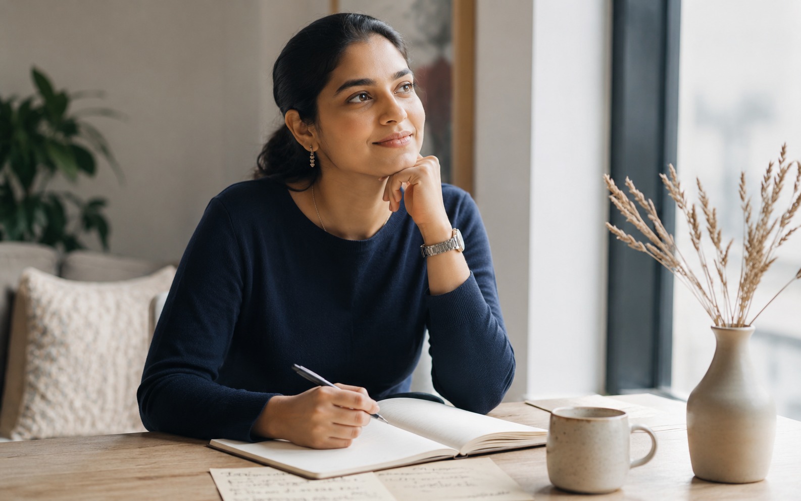 A reflective young woman journaling by a window in soft daylight
