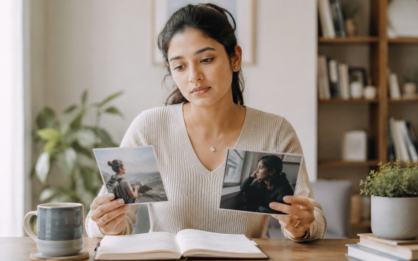 A thoughtful young woman holding two printed photos while reflecting at a table