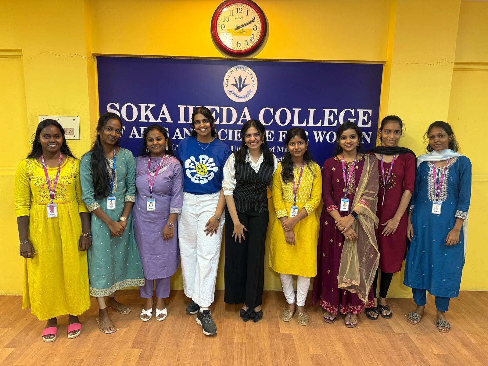 Naveena Srinivasan with faculty members at Soka Ikeda College of Arts and Science for Women